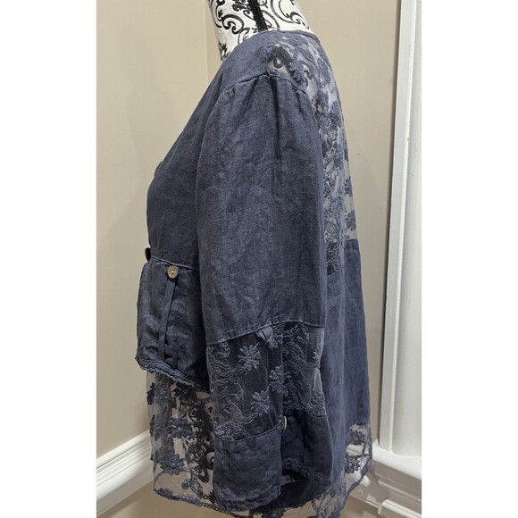 100% Linen Button Front Shacket Sz Med made in Italy Lagenlook Boho Hippie Blue - Picture 6 of 15